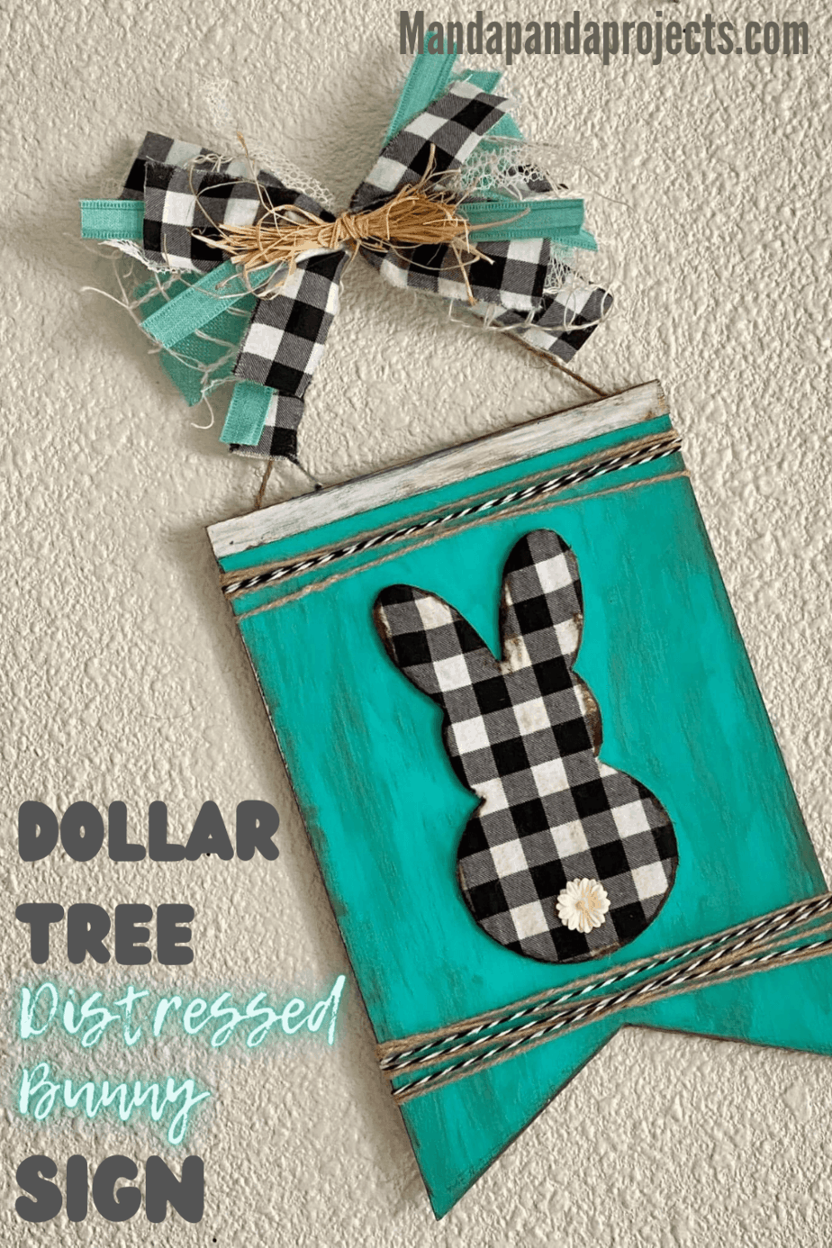 Dollar Tree Teal And Buffalo Check Distressed Easter Bunny Sign