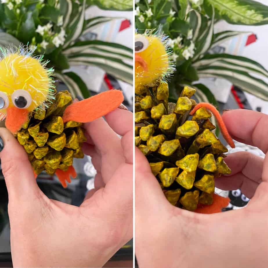 glue the wings onto the pine cone chick easter craft