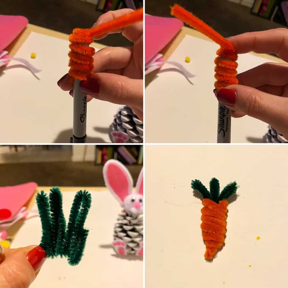 Make a pipe cleaner carrot for the pine cone easter bunny
