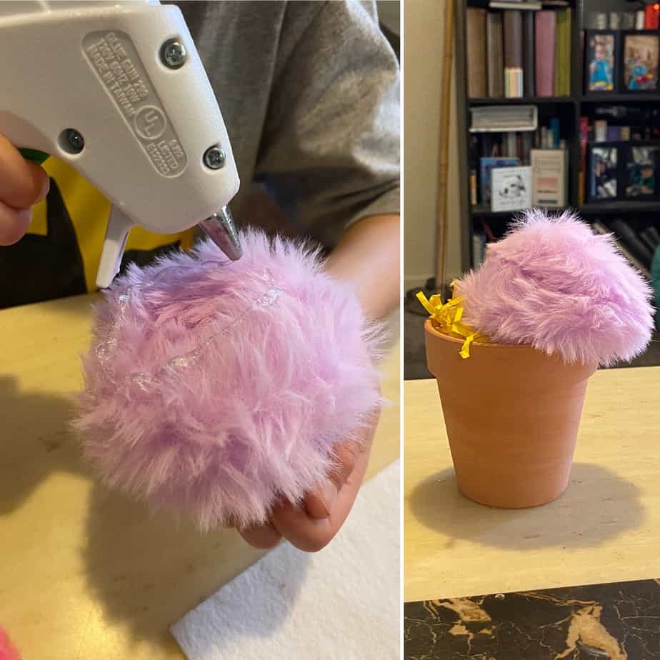 Glue the pom pom to the edge of the clay pot for your bunny butt Easter craft