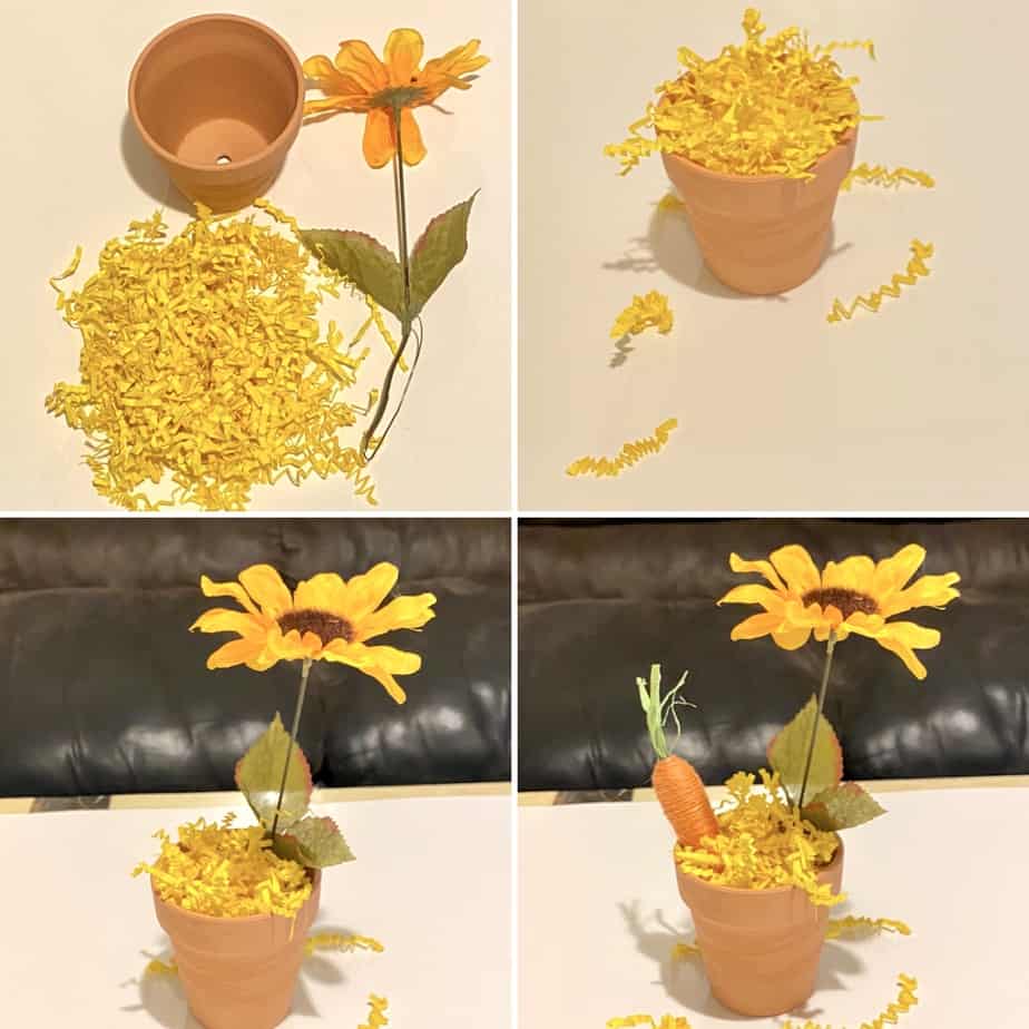 filling a clay pot with fake grass, flower, and a carrot for bunny butt pot Easter Spring craft