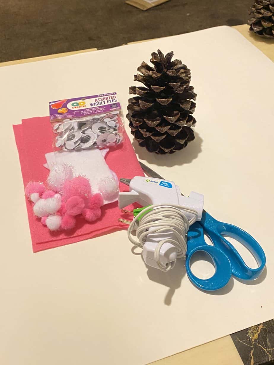 Supplies for bunny, chick, lamb pine cone Peeps Easter craft