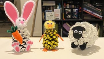 Painted Pine Cone Peeps. Bunny, Chick, and Lamb easter kids pine cone craft made with cleaned and prepared pine cones.