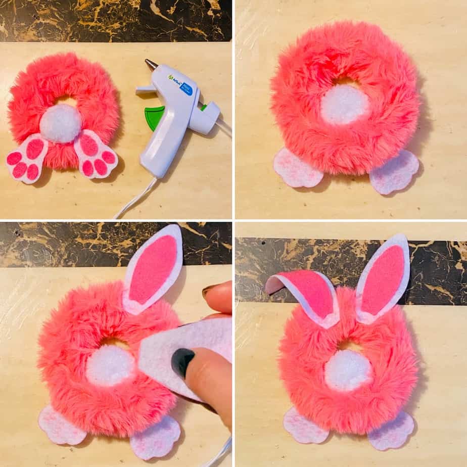 Glue the bunny ears, tail and feet to the key chain of the dollar tree wreath