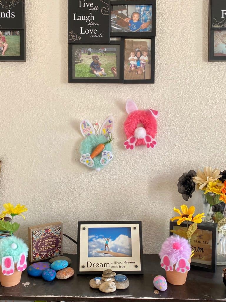 Dollar tree mini easter bunny wreath made from a fur key chain