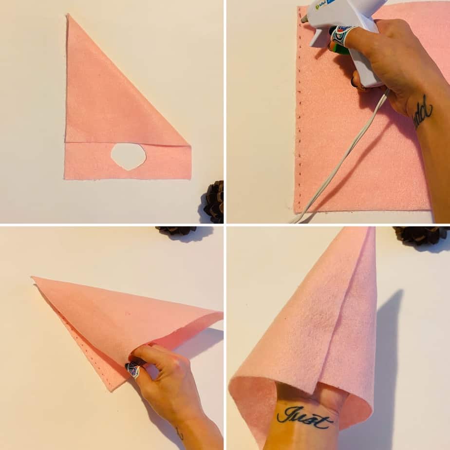 Roll and glue the felt to make the pine cone gnomes hat