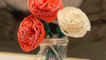 Mothers Day Handmade gift flowers made with things you have in the house. Cupcake Liner Carnations.