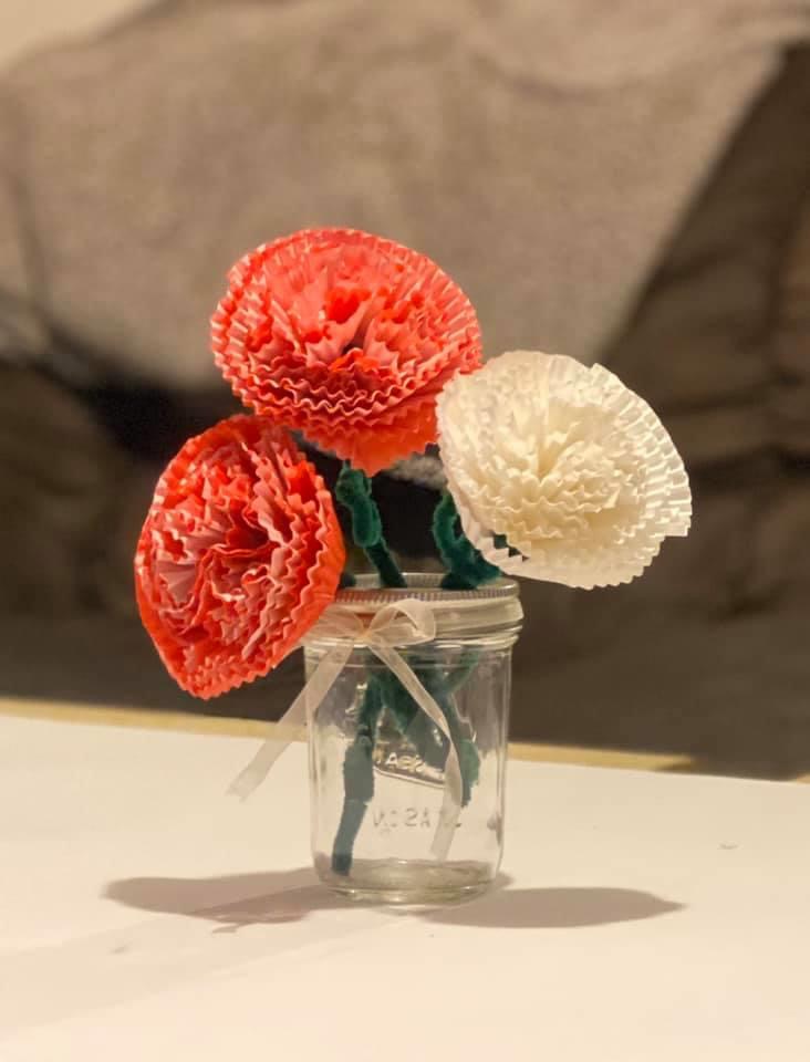 Mothers Day Handmade gift flowers made with things you have in the house. Cupcake Liner Carnations.