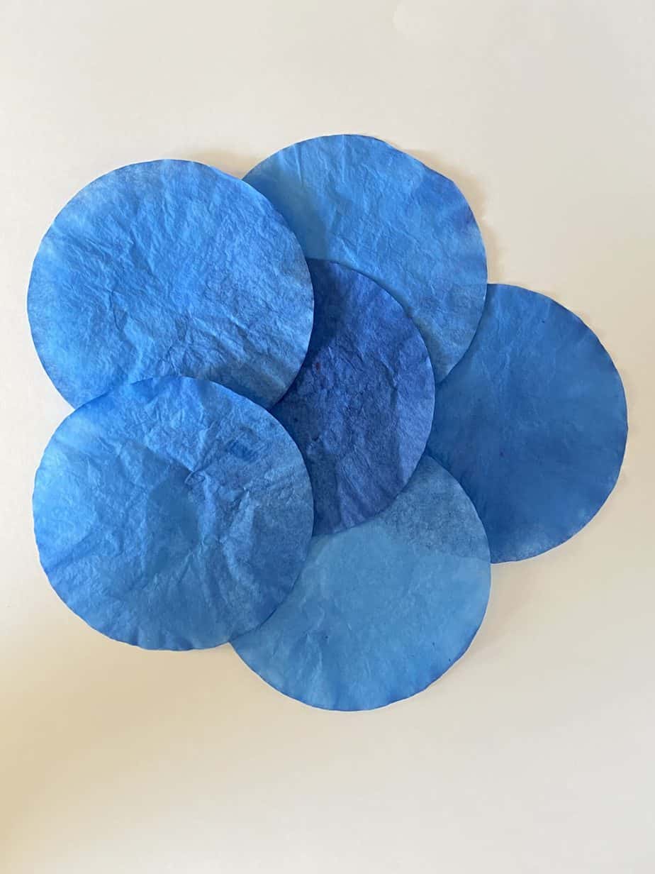 Blue RIT dyed coffee filters laying out to dry