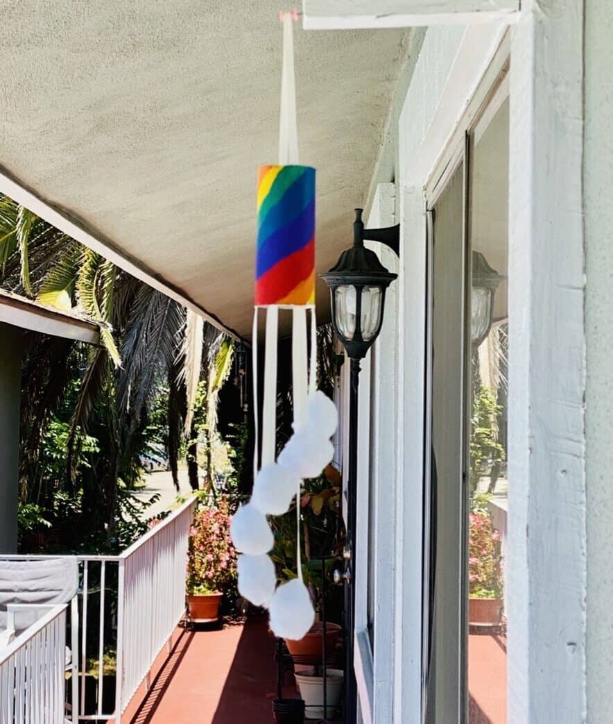Hang your Toilet Paper Roll Rainbow Windsock craft for all to see