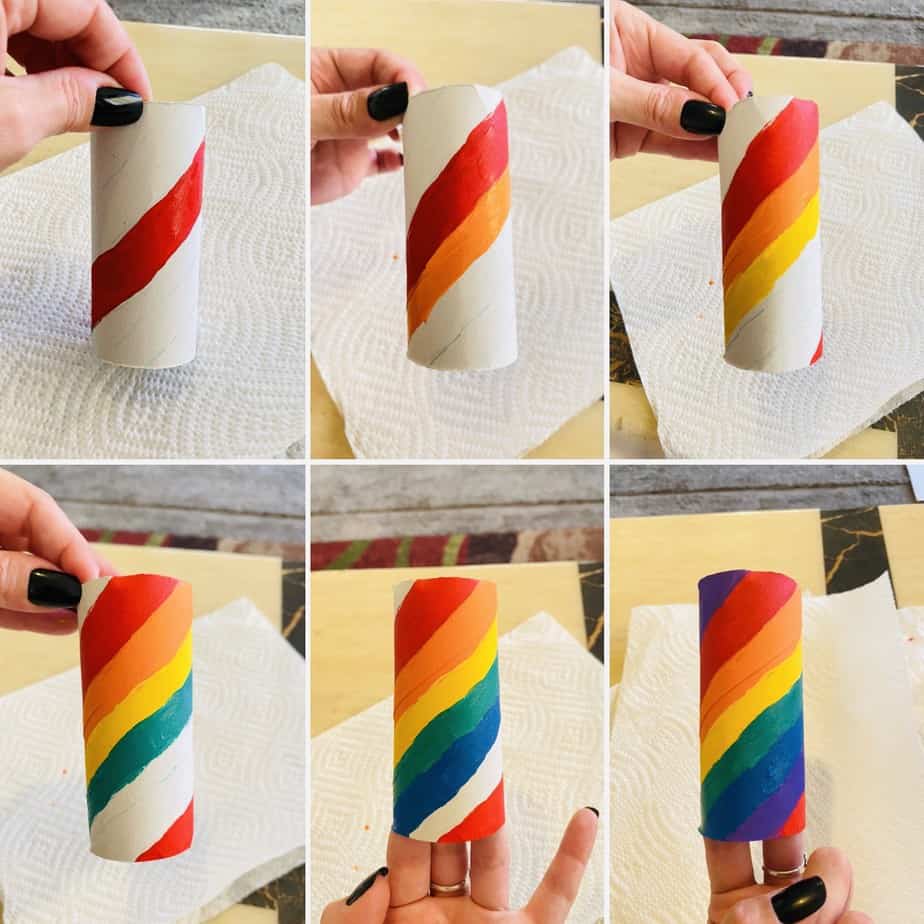 Paint the diagonal stripes on the toilet paper tube each a different color of the rainbow