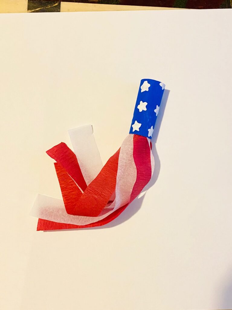 Completed patriotic american flag toilet paper roll windsock kids craft