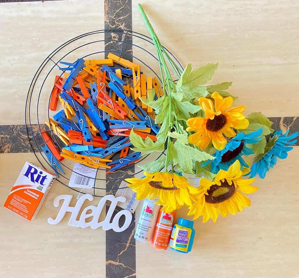 Supplies Needed to Make a "Hello Summer" Sunflower Clothespin Wreath
