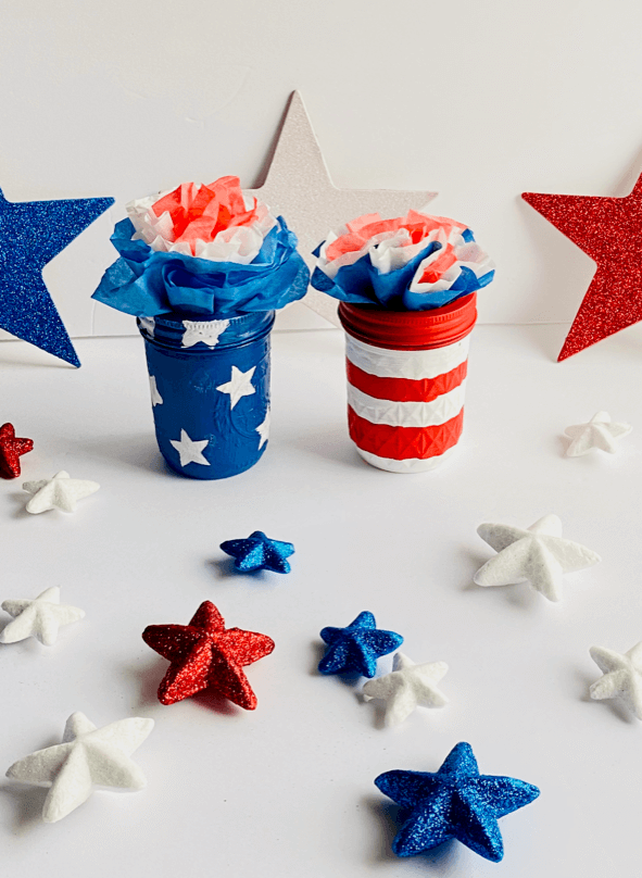 Patriotic mason jars with red white and blue dyed coffee filters
