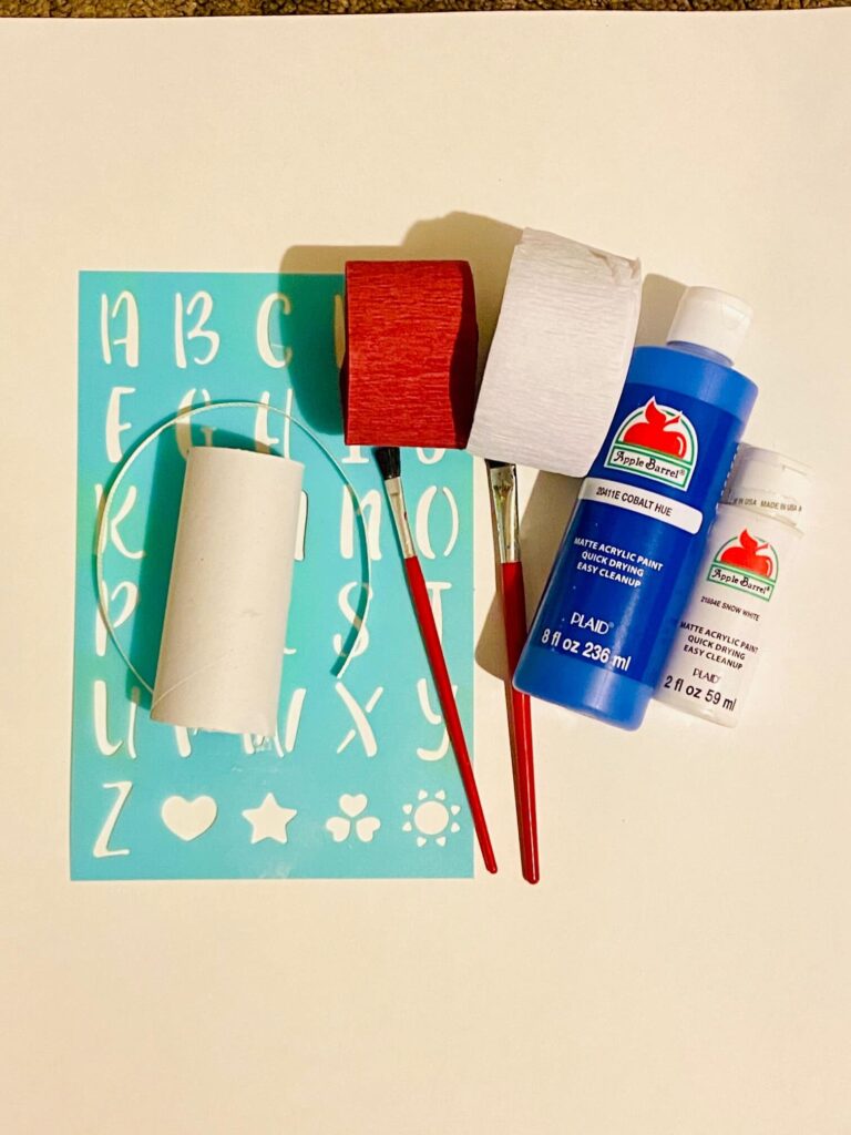 Supplies needed to Make a Patriotic Toilet Paper Roll Windsock Craft