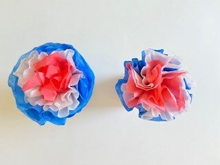 Red white and blue dyed coffee filter flowers.