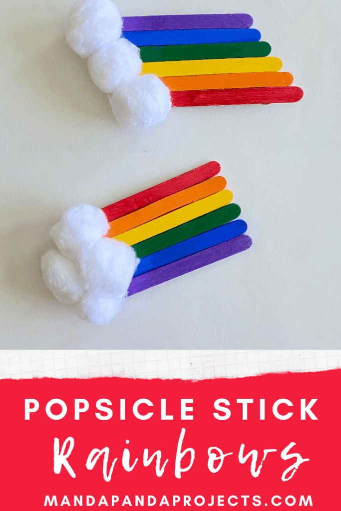 Rainbow popsicle stick with cotton ball clouds kids craft