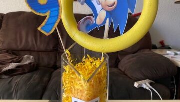 DIY dollar tree sonic the hedgehog golden rings party decoration, used to make a centerpiece