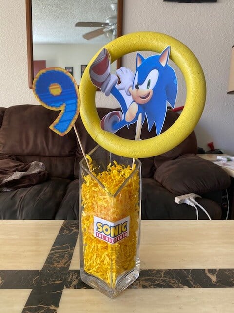 DIY dollar tree sonic the hedgehog golden rings party decoration, used to make a centerpiece