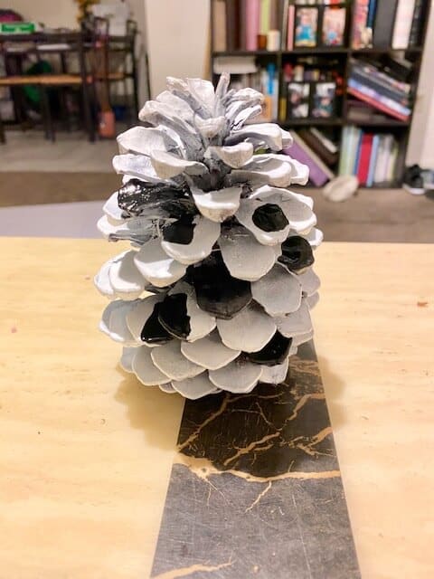 Paint your pine cone all white, and once it's completely dry paint random spots black.