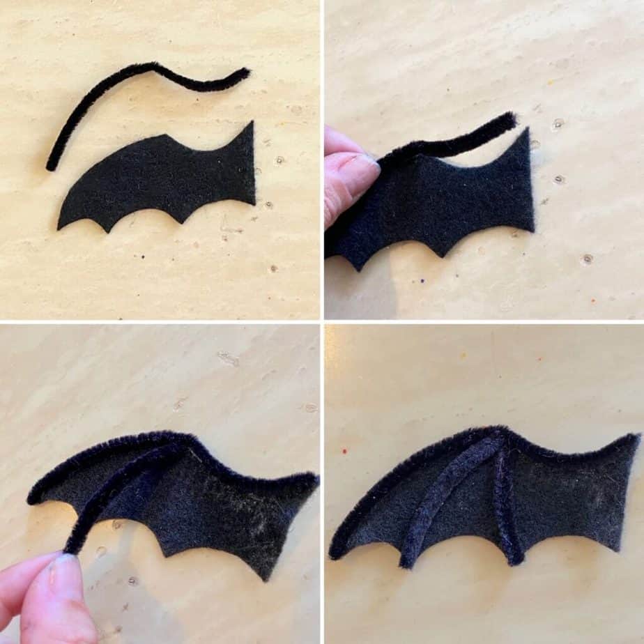 Add pieces of black pipe cleaners to the wings to form the bats veins and to hold the wings shape.