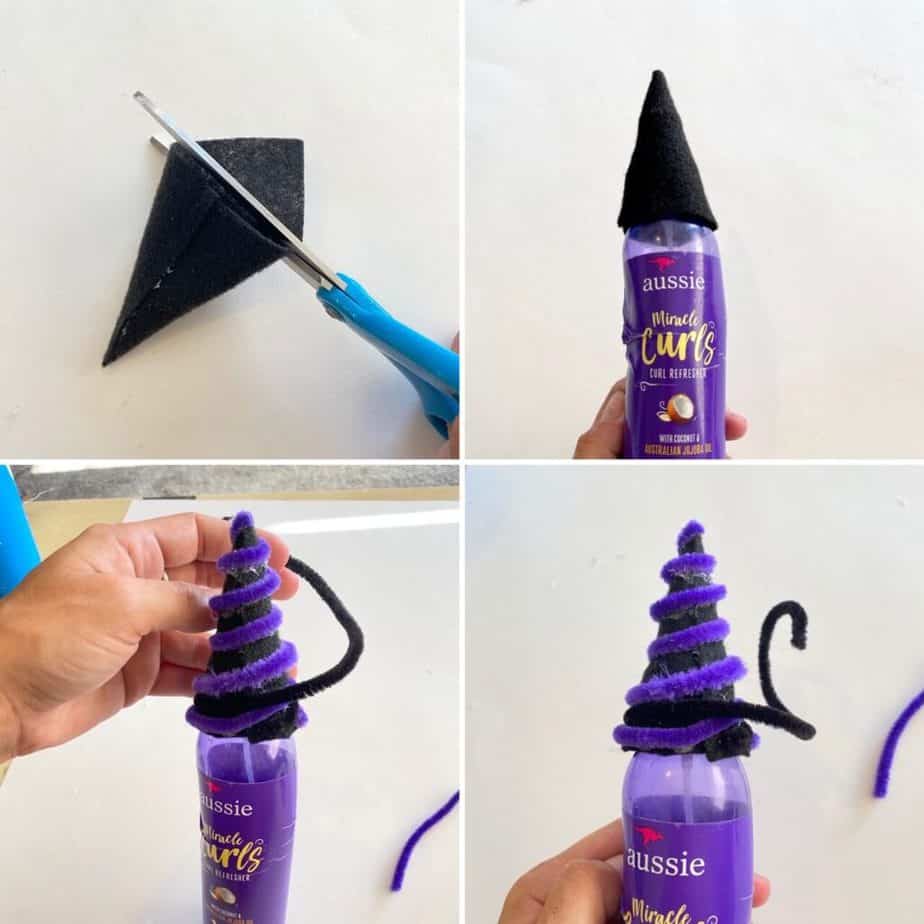 Add purple and black pipe cleaners to the witches hat.