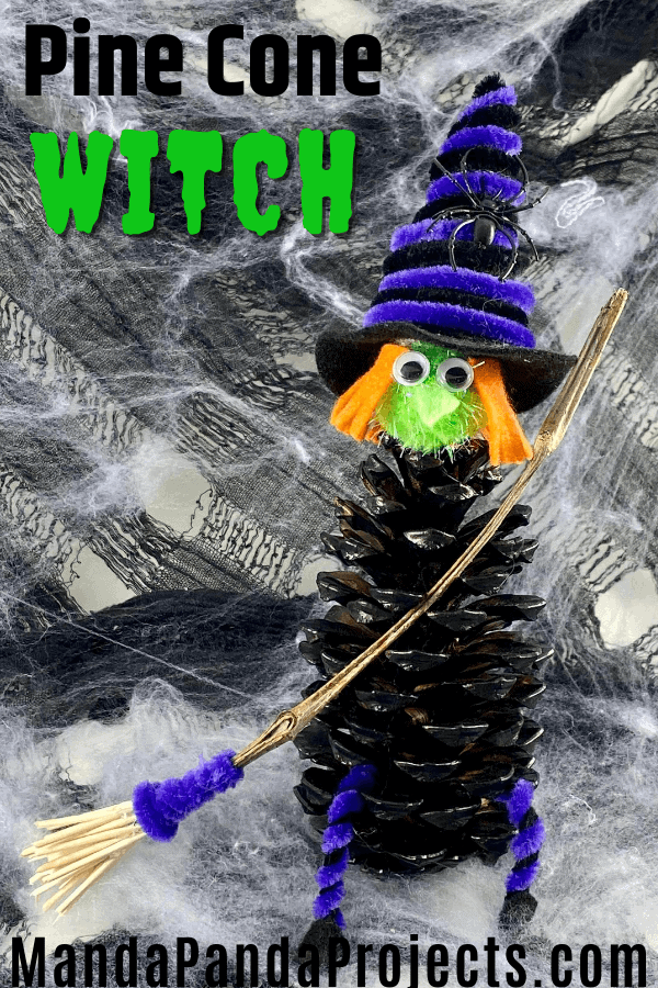 Halloween pine cone witch, kids nature craft.