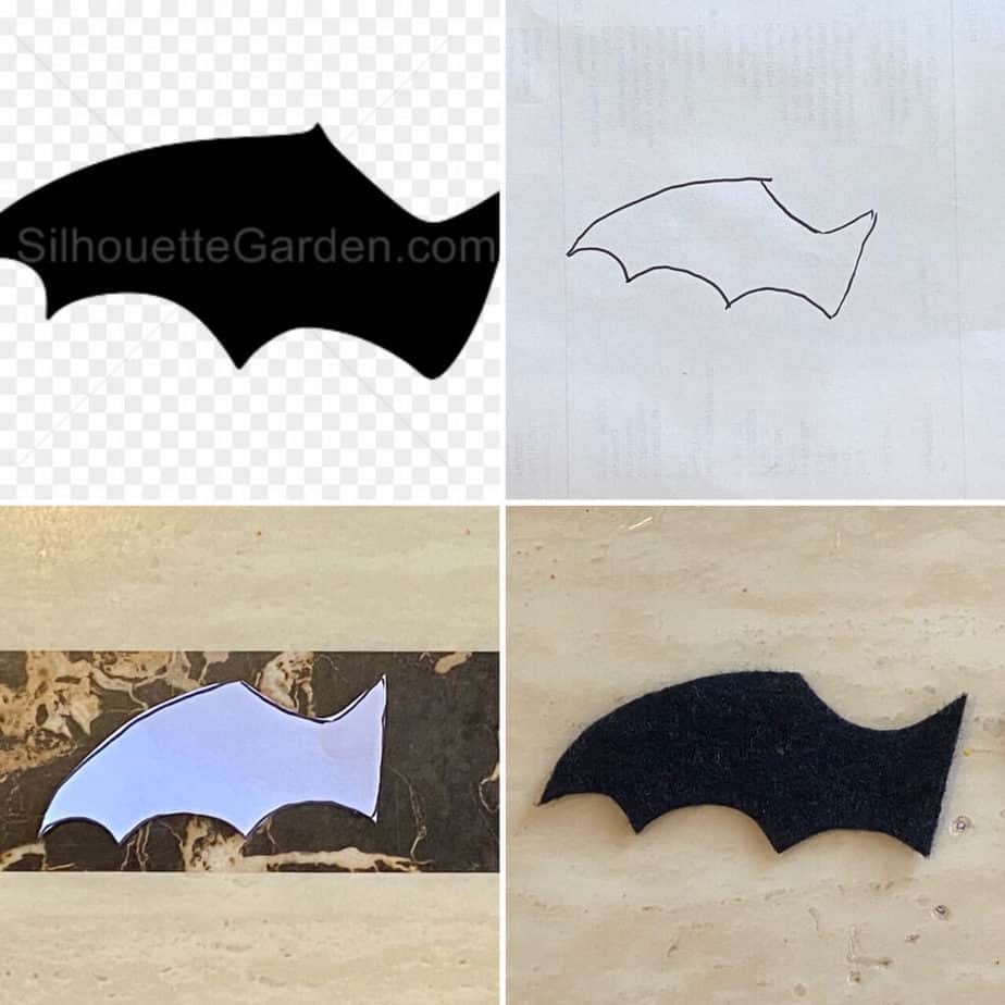 Trace the shape of a bat wing onto paper and cut it out to use a a tracer for the black felt. Cut 2 bat wings out of felt.