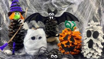 Halloween pine cone nature crafts, ghost, mummy, pumpkin, bat, spider, witch.