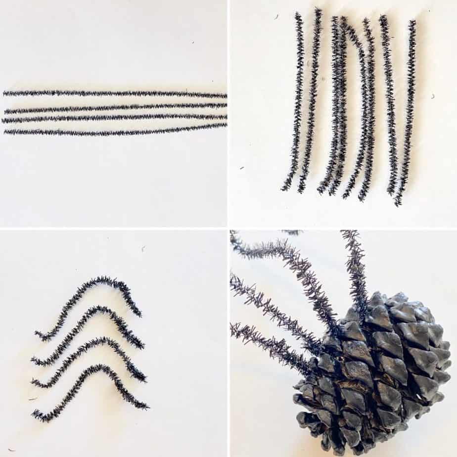 Make the pine cone spiders legs by cutting 4 black pipe cleaners in half, bending them into the shape of spider legs, and gluing them to the pine cone.