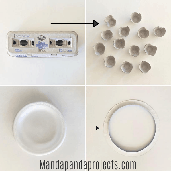Cut all of the individual egg cups out, and cut the center out of a paper plate, leaving only the rim.