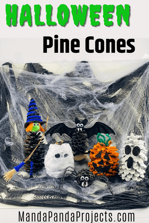 Halloween Pine Cone characters. Witch, ghost, mummy, bat, spider, pumpkin craft for kids.