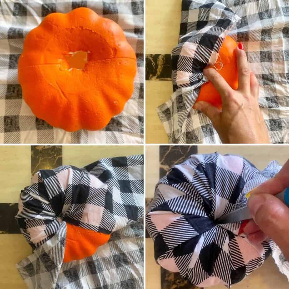 4 steps to make a dollar tree fabric covered foam pumpkin, by pulling the fabric around the pumpkin and tucking the extra into a hole in the center.