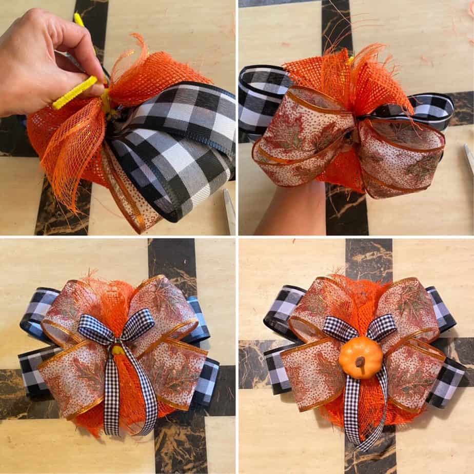 Pipe cleaner the large buffalo check and faux leaf bow to the smaller orange burlap bow and add a mini pumpkin on top.