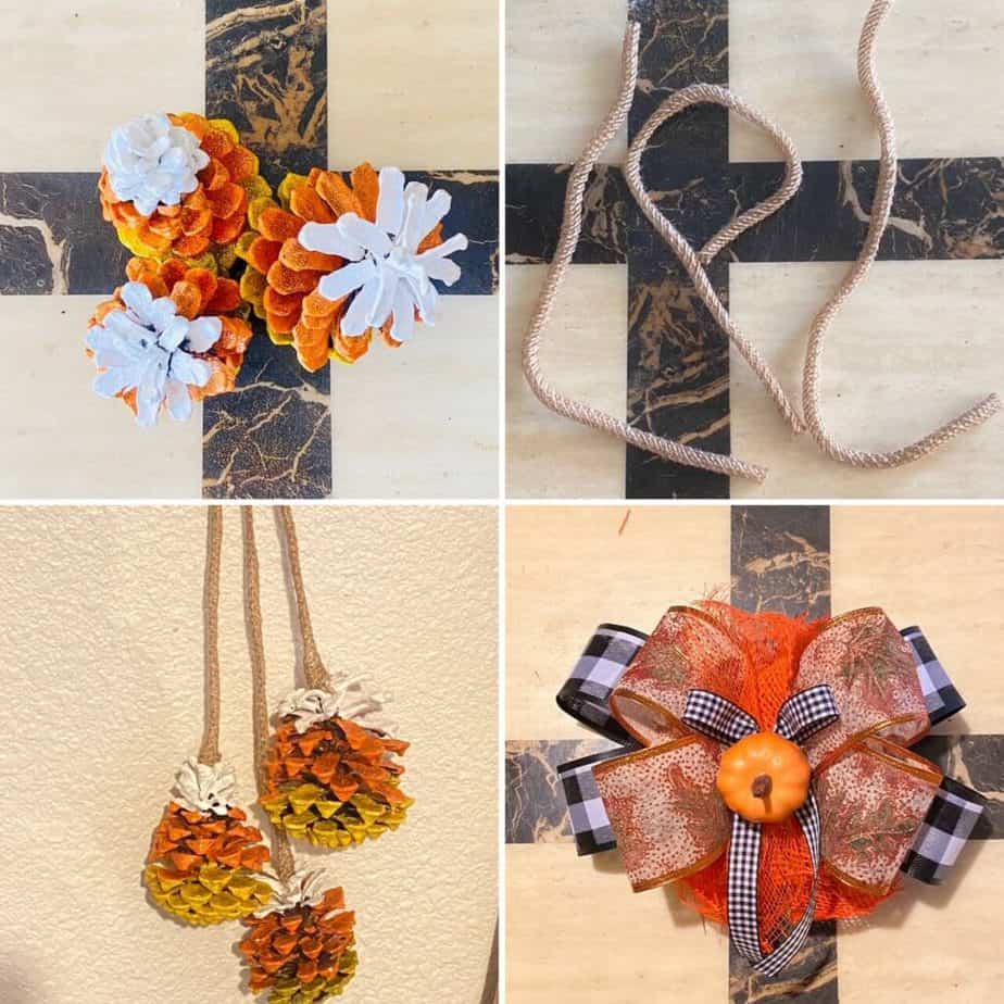 Paint pine coned yellow, white, and orange to look like candy corn, glue them to mesh tubing, make a faux fall leaf and buffalo check bow.