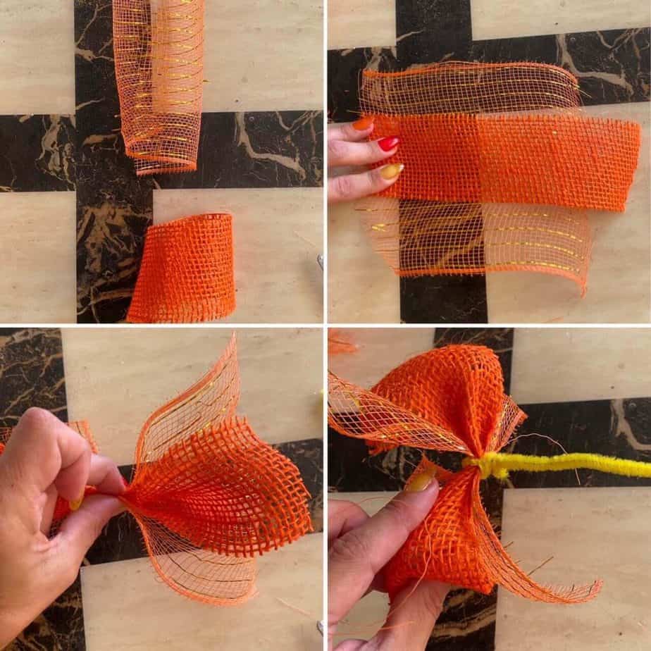 Make a smaller bow to layer on top of the buffalo check bow by adding orange burlap and deco mesh, with a pipe cleaner to hold it together.