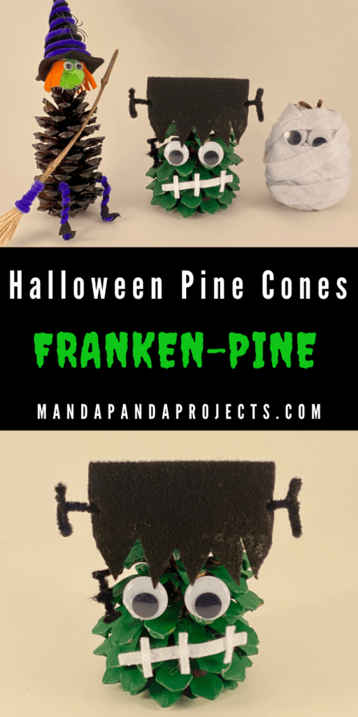 Frankenstein Halloween pine cone. Kids nature craft. Pine Cone witch and mummy. DIY halloween.