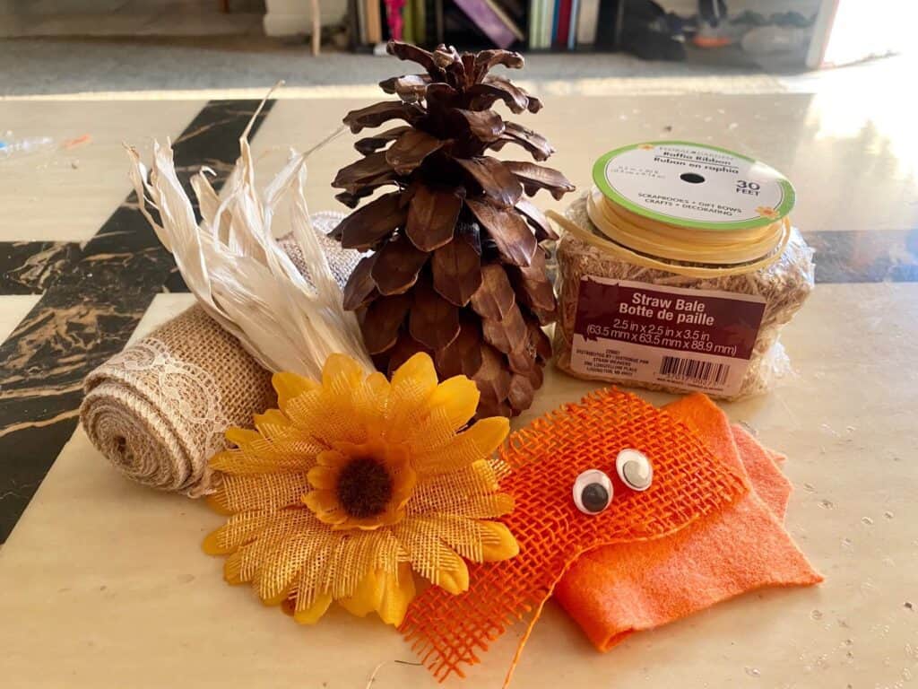 Supplies Needed to make a Pine Cone Scarecrow fall nature craft.