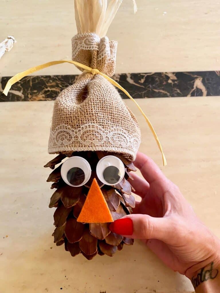 Glue the large googly eyes and the felt nose to the pine cone.
