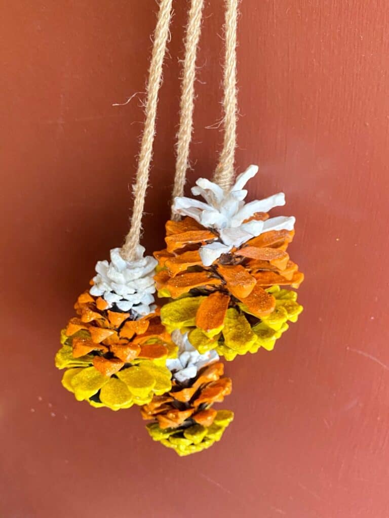 Make some painted pine cone candy corn into a door hanger by hanging them from twine.