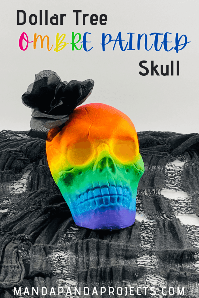 Dollar Tree Skull Makeover DIY. Rainbow Painted Ombre Skull with a black faux rose.