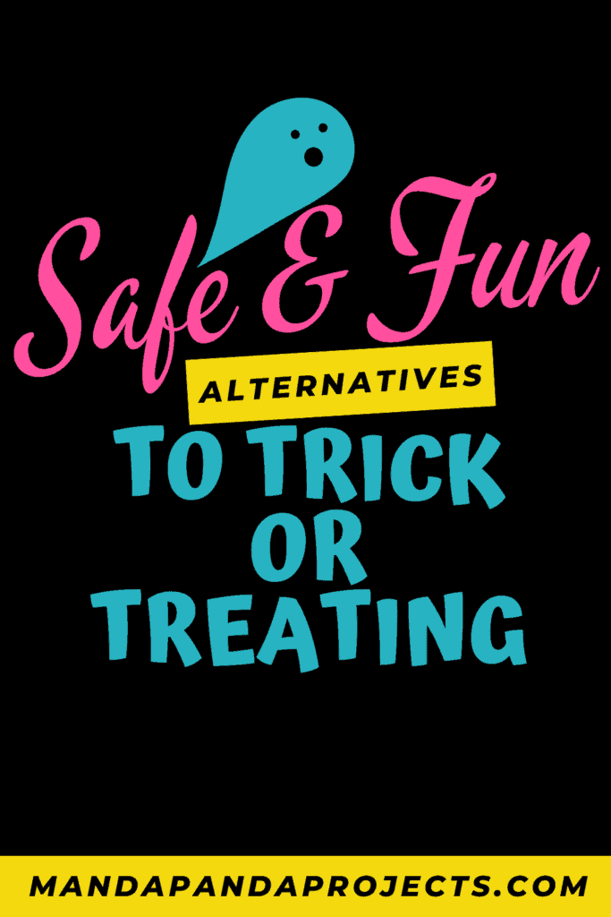 Cute ghost saying "safe and fun alternatives to trick or treating" for Halloween

