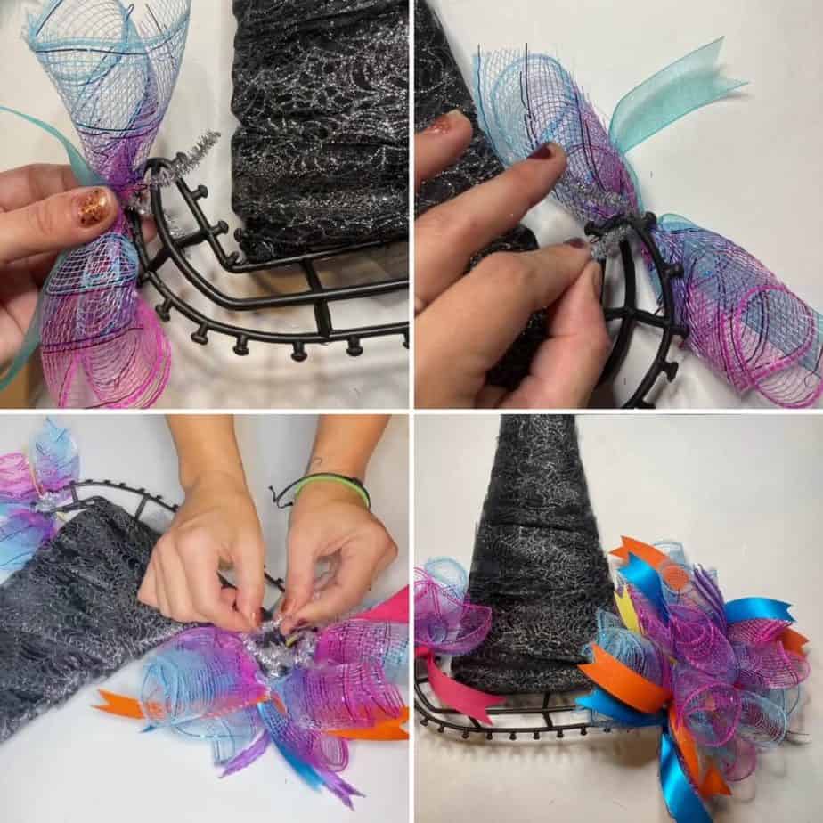 Starting at one end, secure a deco mesh bundle to the plastic wreath frame with the remainder of the pipe cleaner. Continue to add burrito bunches to the frame, alternating between the outer plastic rim, and the middle plastic rim. 