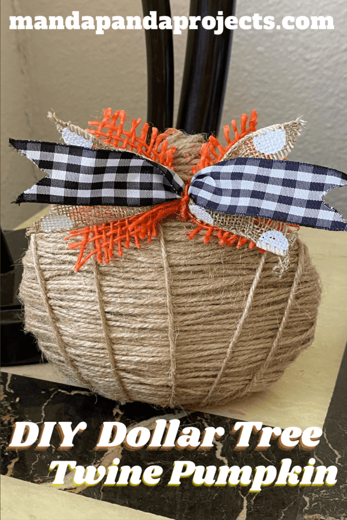 Dollar tree DIY mini twine pumpkin fall craft with an orange burlap, buffalo check, white polka dot burlap ribbon.