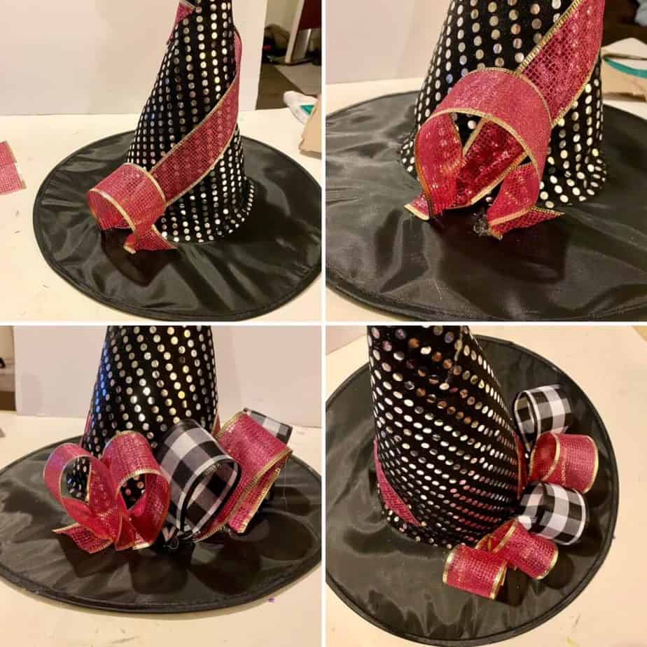 4 steps of transforming a dollar tree witch hat into a glam witch hat with Pink glitter wire ribbon with gold trim and buffalo check ribbon.