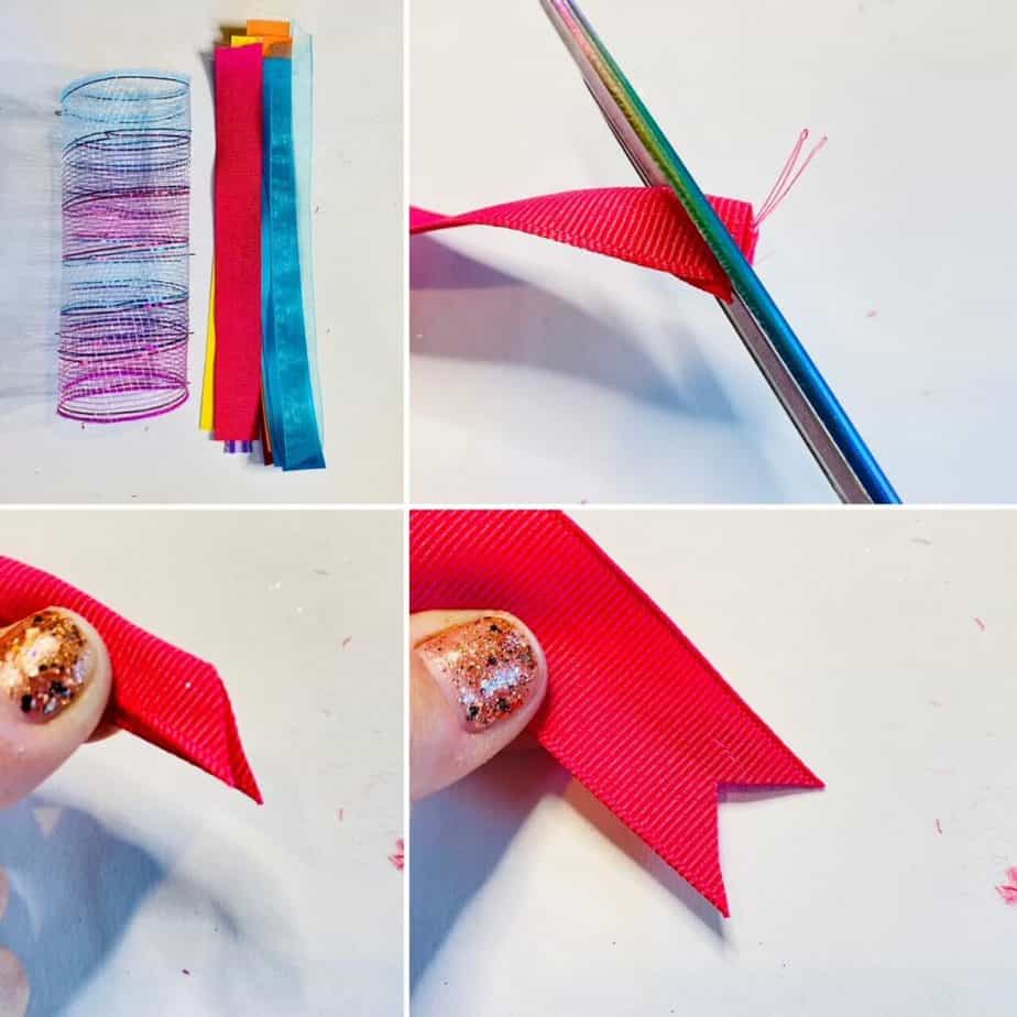 Cut a bunch of each color ribbon, slightly longer than the width of the mesh and Dove tail the ends of the ribbon to give it that 'high-end' look. Fold the ribbon in half, and cut a diagonal slit pointing down towards the end to get the dove tail