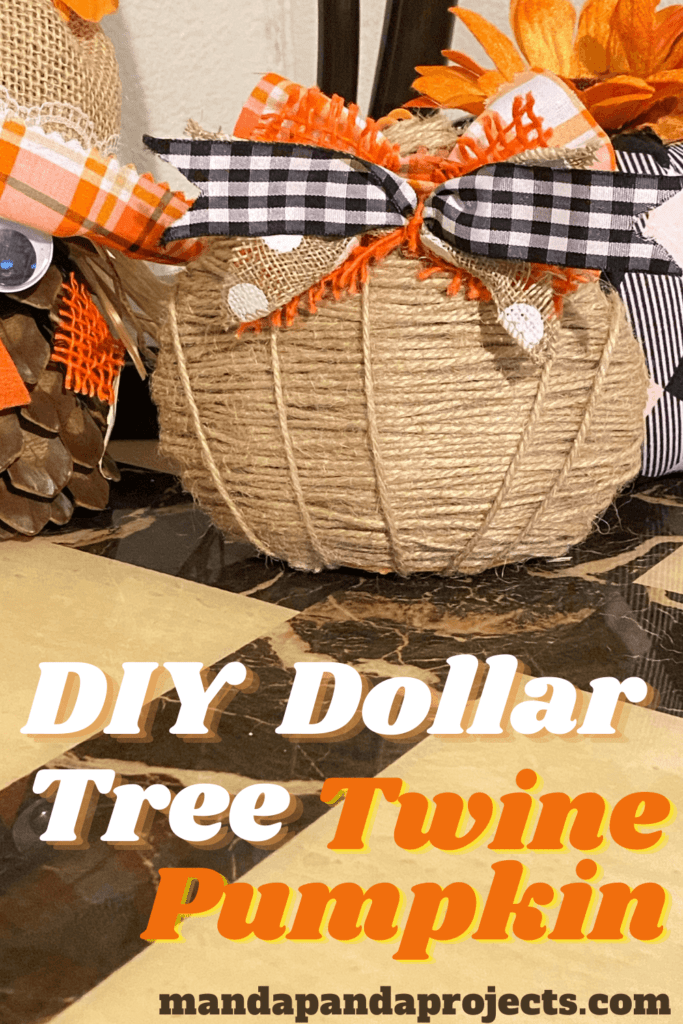 Dollar tree DIY mini twine pumpkin fall craft with an orange burlap, buffalo check, white polka dot burlap ribbon.