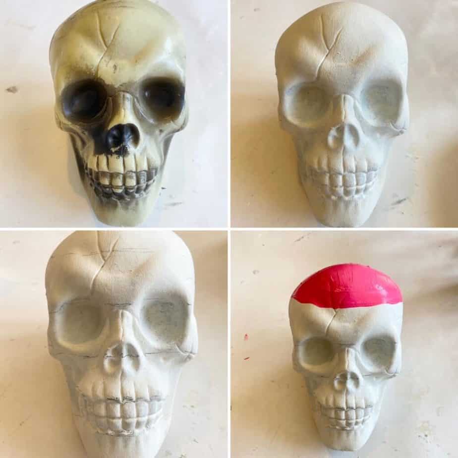 First paint the dollar tree skull all with white chalk paint, and then draw lines with pencil where you will separate each color.