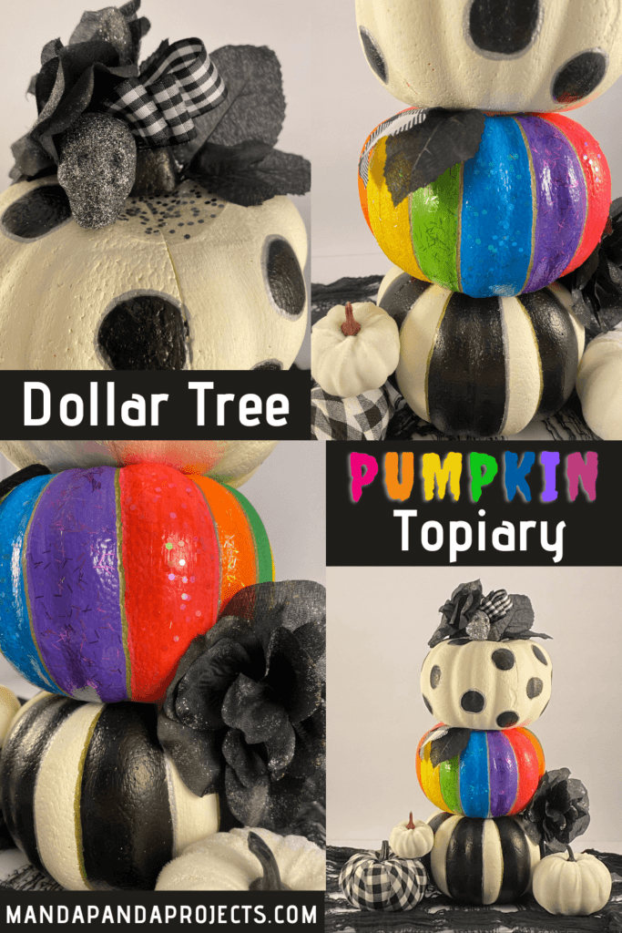 DIY Dollar tree foam pumpkin rainbow color and black and white topiary with black faux roses and silver glitter skulls to decorate for Halloween.