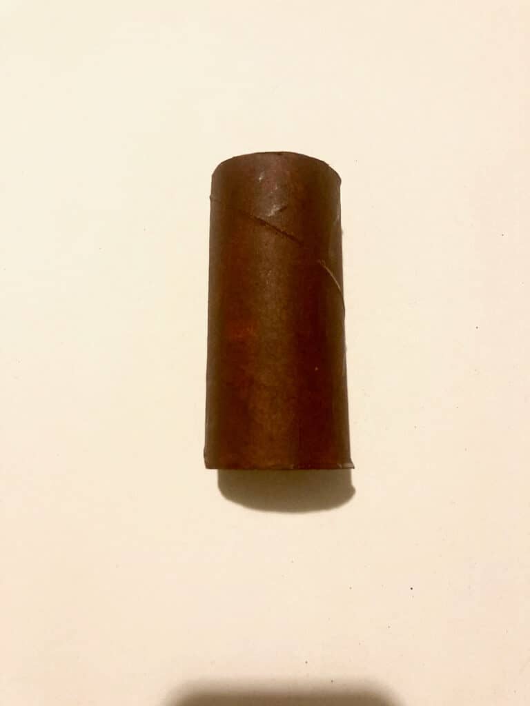 Brown painted empty toilet paper roll.